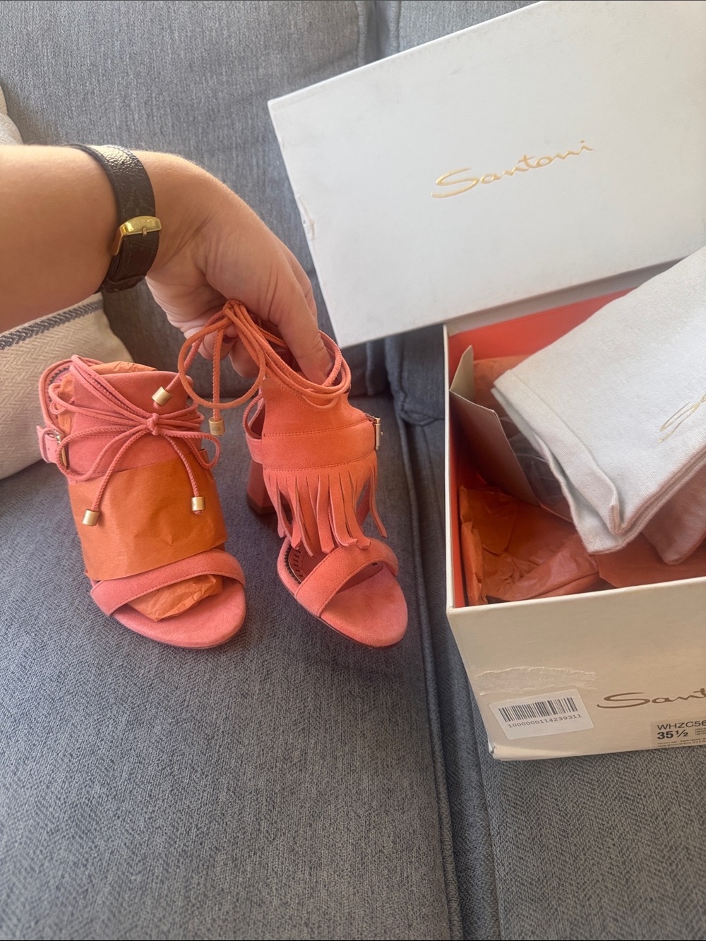 Santoni Coral Suede Fringe Lace-Up Block Heels